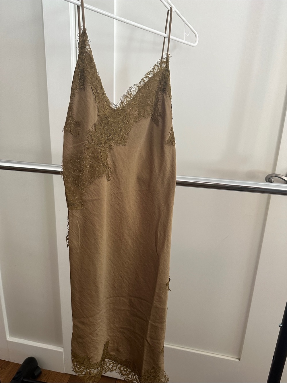Olive Lace-Trim Slip Chemise with Delicate V-Neck